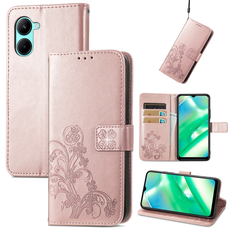 

For Realme C33 Four-leaf Clasp Embossed Buckle Leather Phone Case(Rose Gold)