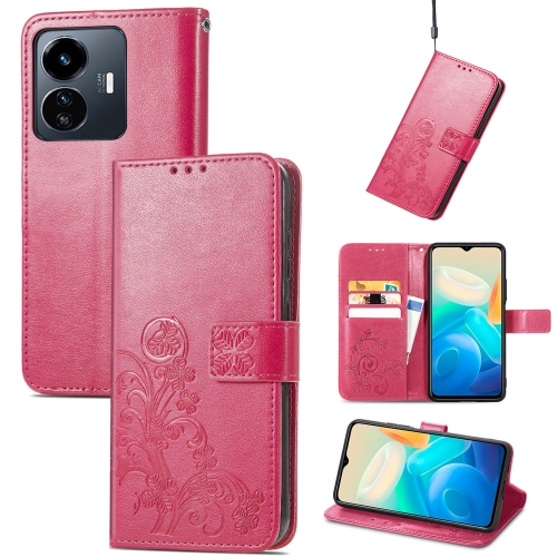 

For vivo Y77 5G Global Four-leaf Clasp Embossed Buckle Leather Phone Case(Magenta)