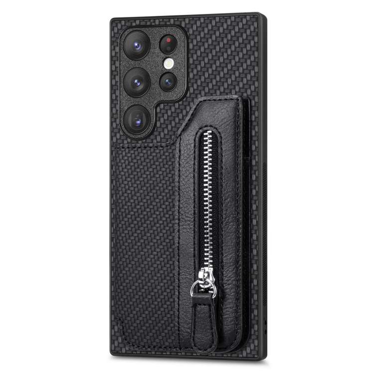 

For Samsung Galaxy S23 Ultra 5G Carbon Ffiber Flip Zipper Wallet Phone Case(Black)
