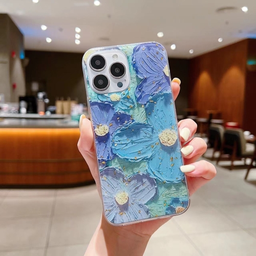 

For iPhone 13 Pro Max Gold Foil Oil Painting Epoxy TPU Phone Case(Blue Purple flowers1)