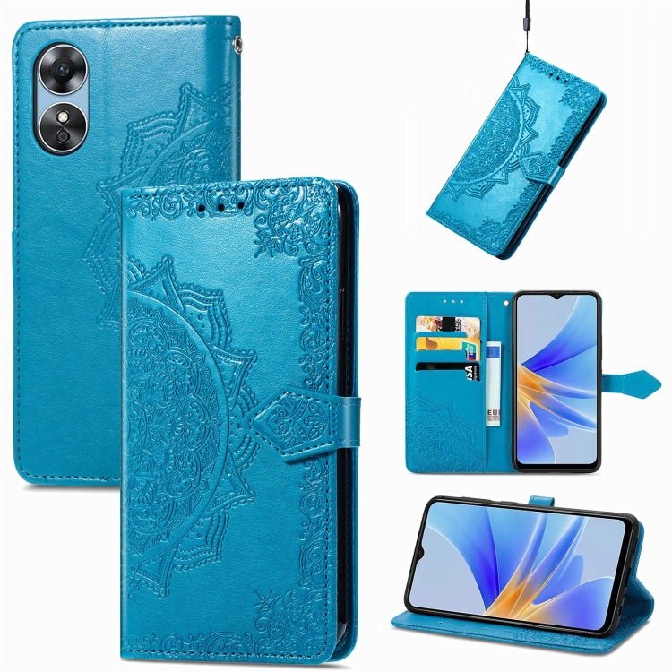 

For OPPO A17 Mandala Flower Embossed Leather Phone Case(Blue)