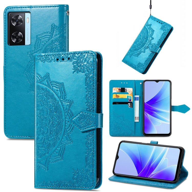 

For OPPO A57s Mandala Flower Embossed Leather Phone Case(Blue)
