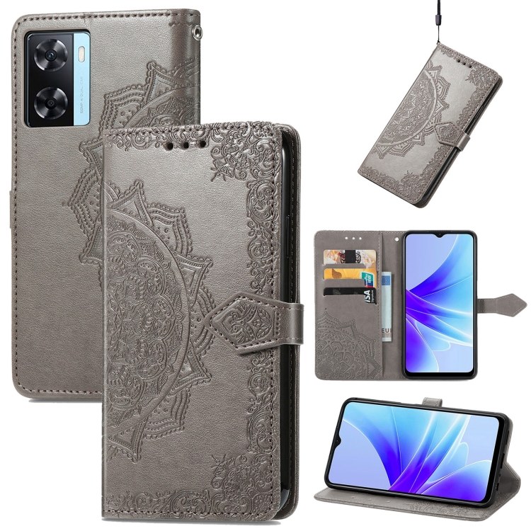 

For OPPO A57s Mandala Flower Embossed Leather Phone Case(Gray)