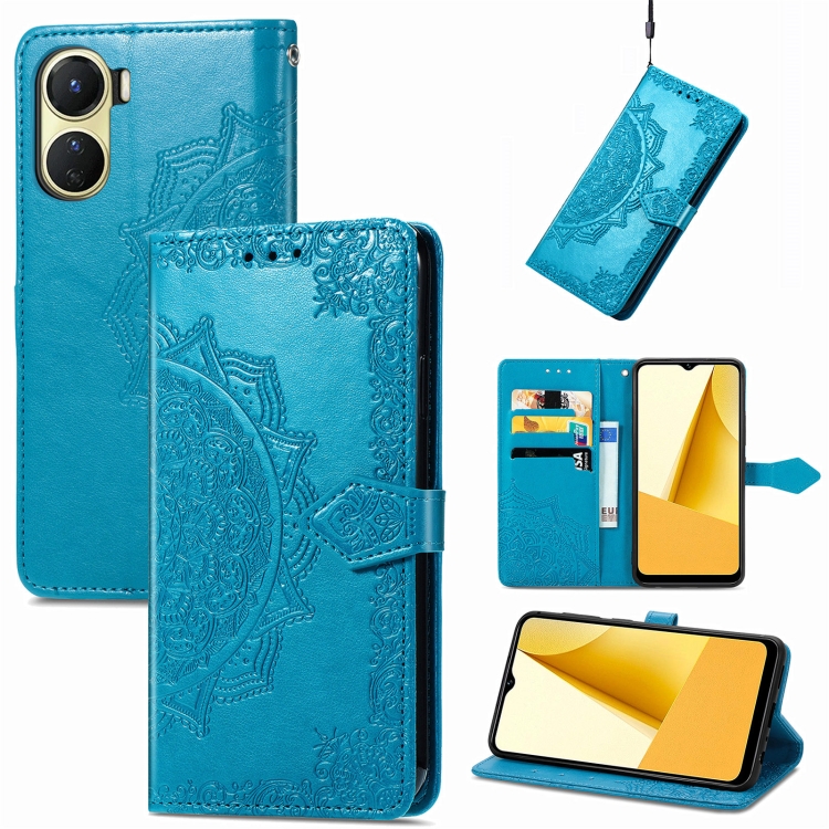 

For vivo Y16 Mandala Flower Embossed Leather Phone Case(Blue)