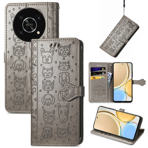 

For Huawei Nova Y90 Cute Cat and Dog Embossed Leather Phone Case(Gray)
