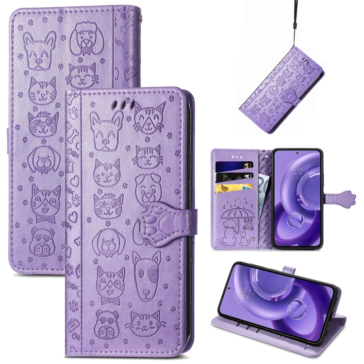 

For Motorola Edge 30 Neo Cute Cat and Dog Embossed Leather Phone Case(Purple)