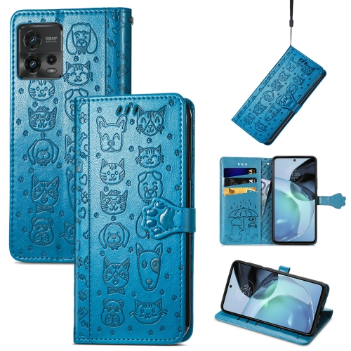 

For Motorola Moto G72 Cute Cat and Dog Embossed Leather Phone Case(Blue)