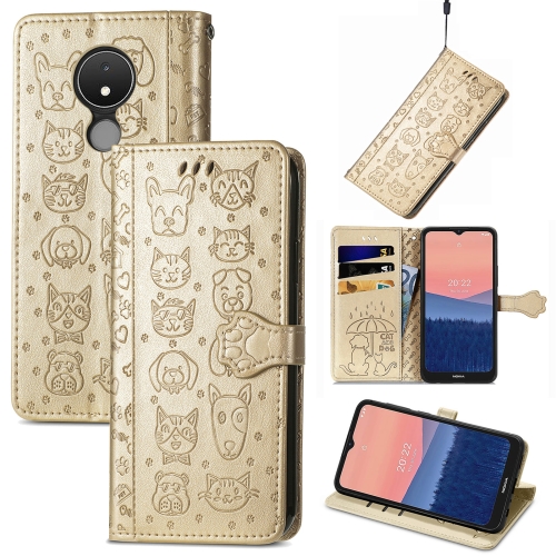 

For Nokia C21 Cute Cat and Dog Embossed Leather Phone Case(Gold)