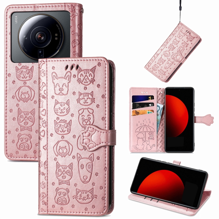 

For Xiaomi 12S Ultra Cute Cat and Dog Embossed Leather Phone Case(Rose Gold)