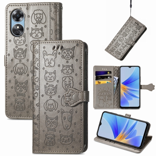 

For OPPO A17 Cat and Dog Embossed Leather Phone Case(Gray)