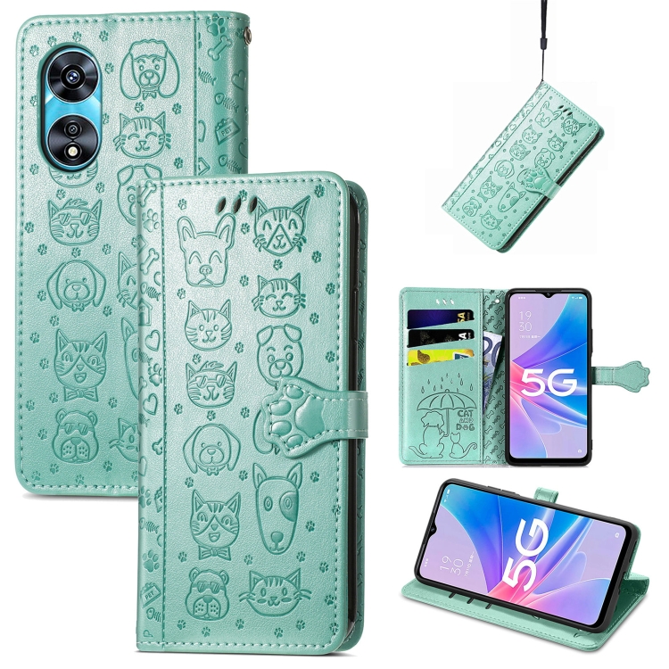 

For OPPO A97 5G Cat and Dog Embossed Leather Phone Case(Green)