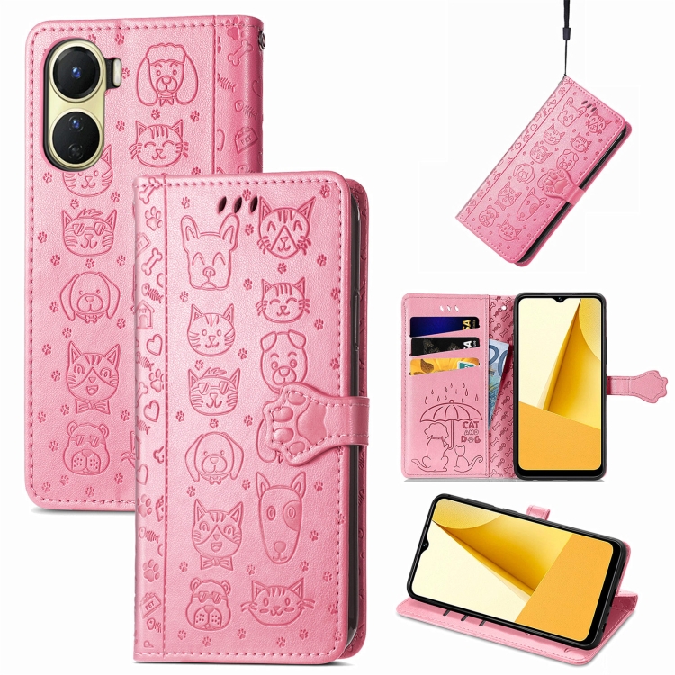 

For vivo Y16 Cat and Dog Embossed Leather Phone Case(Pink)