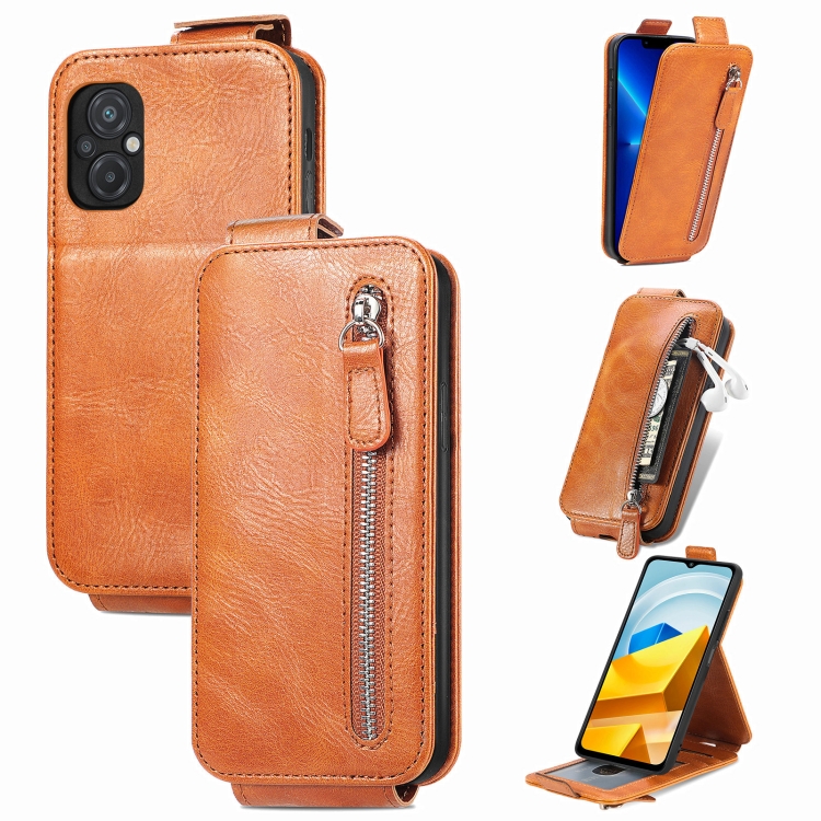 

For Xiaomi Poco M5 Zipper Wallet Vertical Flip Leather Phone Case(Brown)