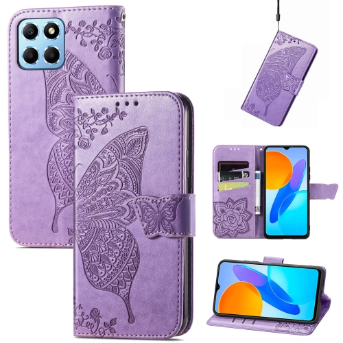 

For Honor X8 5G Butterfly Love Flower Embossed Leather Phone Case(Lavender)