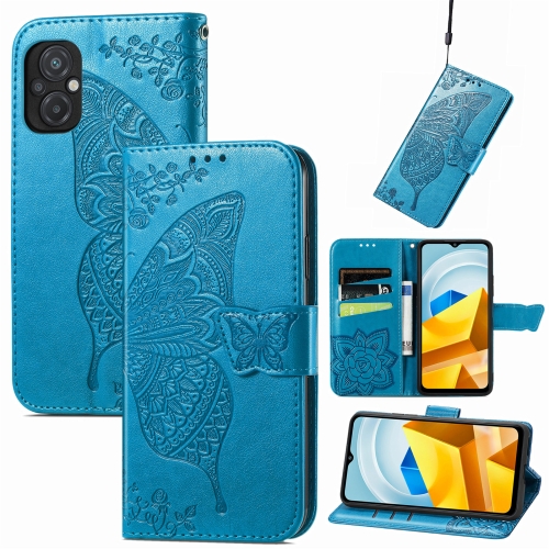 

For Xiaomi Poco M5 Butterfly Love Flower Embossed Leather Phone Case(Blue)