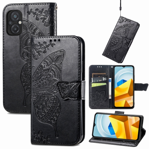 

For Xiaomi Poco M5 Butterfly Love Flower Embossed Leather Phone Case(Black)