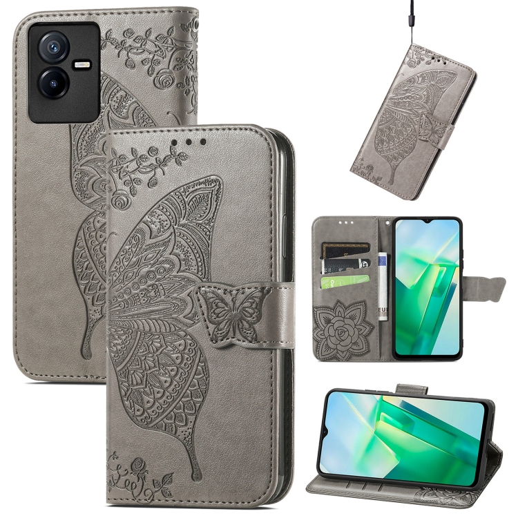 

For vivo T2X 5G Butterfly Love Flower Embossed Leather Phone Case(Gray)