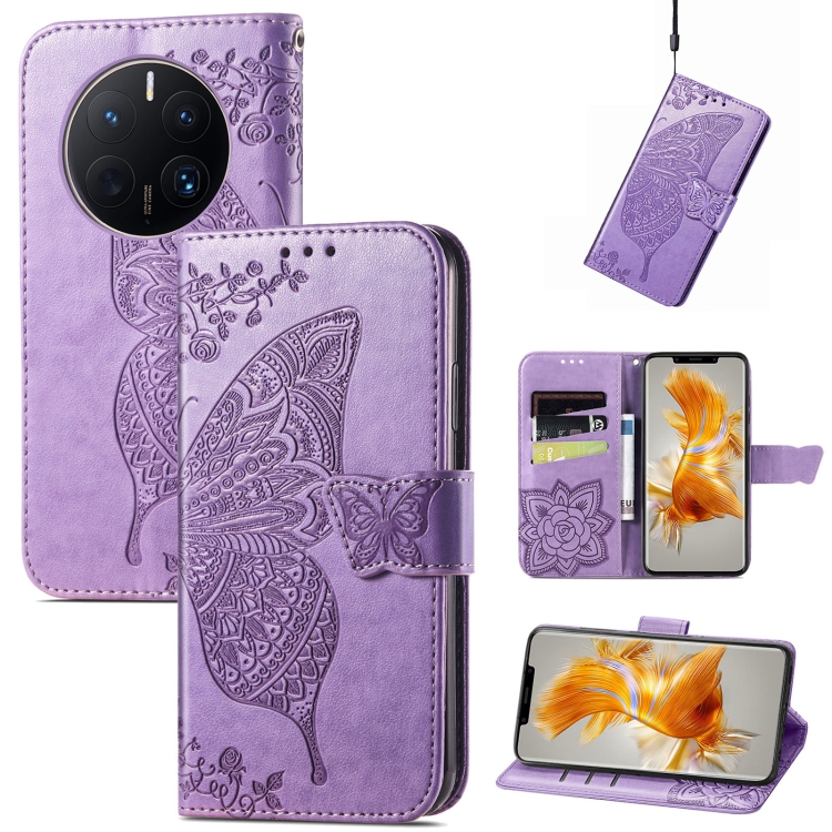 

For Huawei Mate 50 Pro Butterfly Love Flower Embossed Leather Phone Case(Lavender)