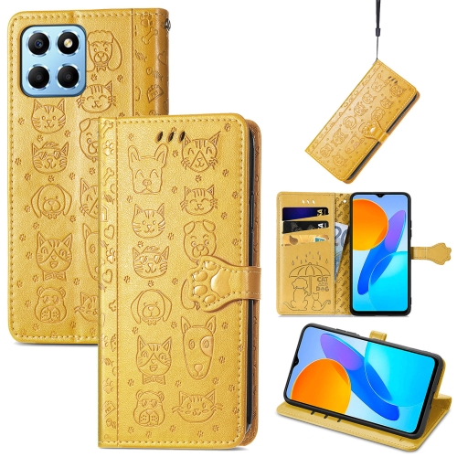 

For Honor X8 5G Cute Cat and Dog Embossed Leather Phone Case(Yellow)