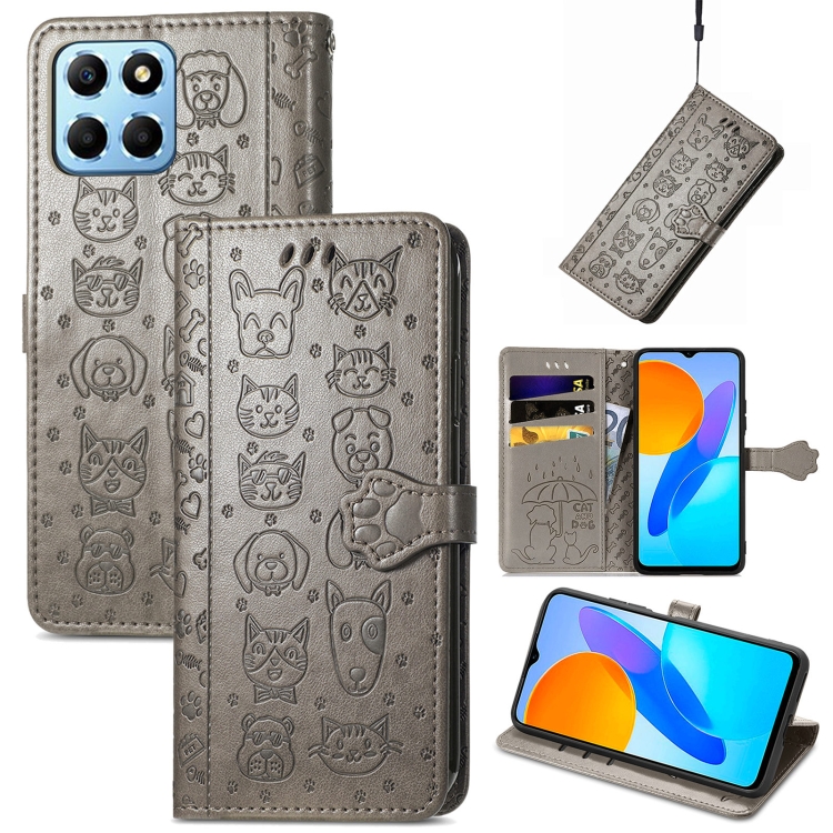 

For Honor X8 5G Cute Cat and Dog Embossed Leather Phone Case(Gray)