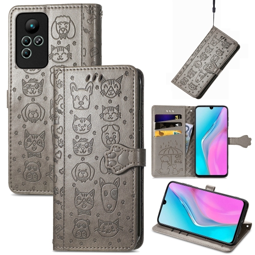 

For Infinix Note 11 Cute Cat and Dog Embossed Leather Phone Case(Gray)