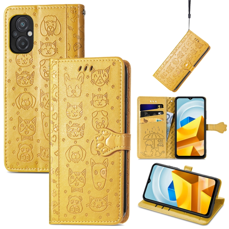 

For Xiaomi Poco M5 Cute Cat and Dog Embossed Leather Phone Case(Yellow)
