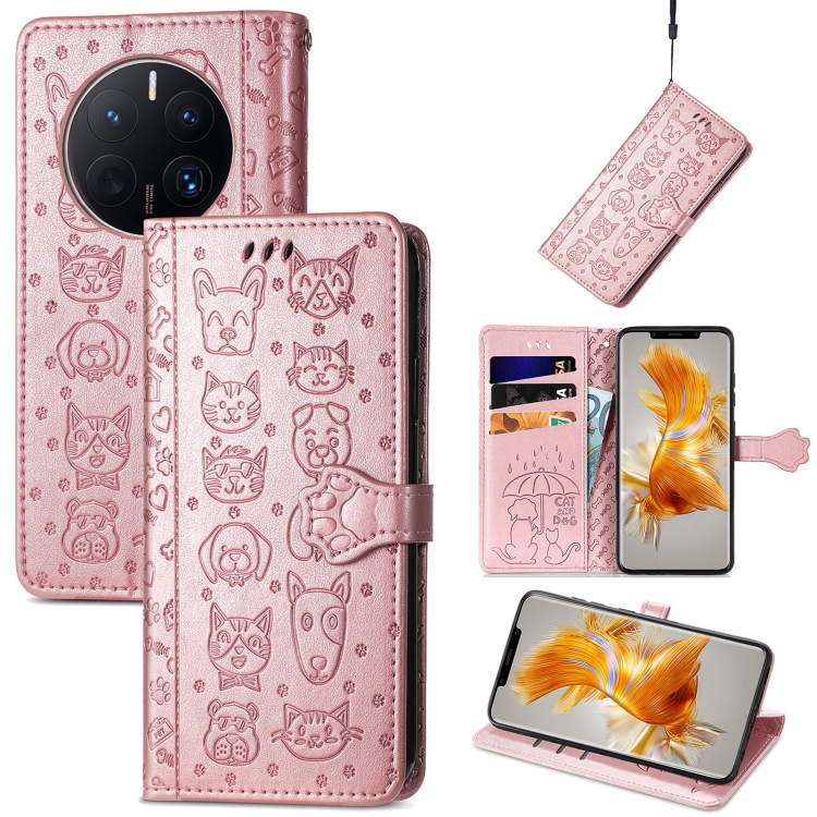 

For Huawei Mate 50 Pro Cute Cat and Dog Embossed Leather Phone Case(Rose Gold)