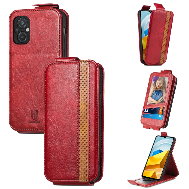 

For Xiaomi Poco M5 Splicing Wallet Card Holder Vertical Flip Leather Phone Case(Red)