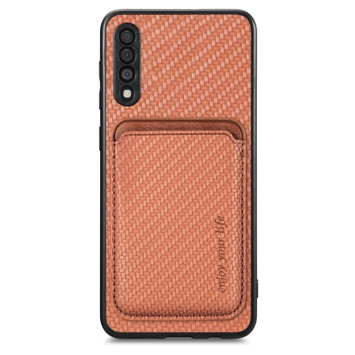 

For Samsung Galaxy A50 Carbon Fiber Leather Card Magsafe Case(Brown)