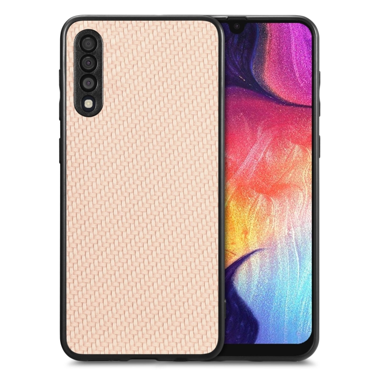 

For Samsung Galaxy A50 Carbon Fiber Texture Leather Back Cover Phone Case(Khaki)