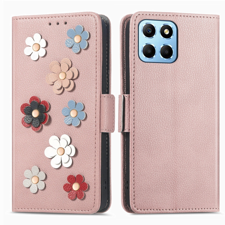 

For Honor X8 5G Stereoscopic Flowers Leather Phone Case(Rose Gold)