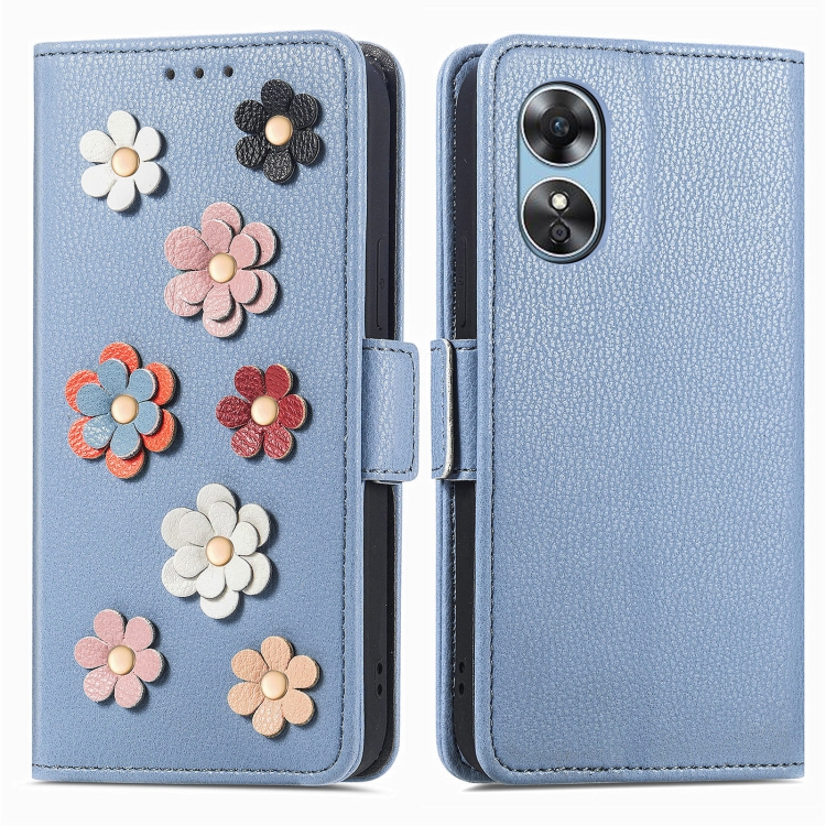 

For OPPO A17 Stereoscopic Flowers Leather Phone Case(Blue)