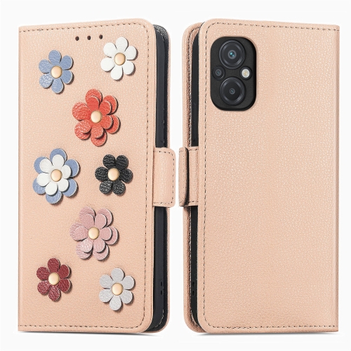 

For Xiaomi Poco M5 Stereoscopic Flowers Leather Phone Case(Khaki)