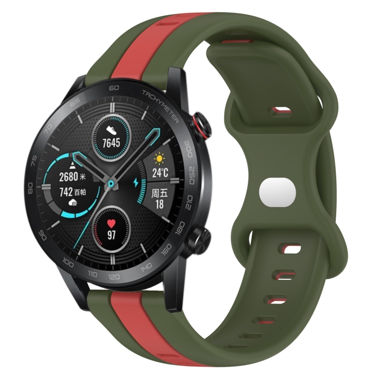 

For Honor Magic Watch 2 46mm 20mm Butterfly Buckle Two-Color Silicone Watch Band(Red+Army Green)