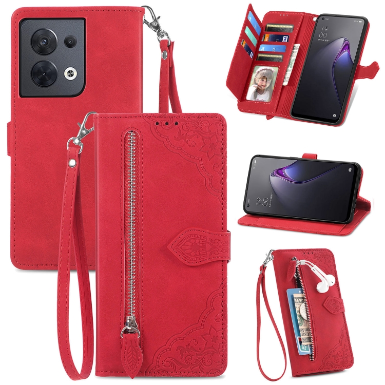 

For OPPO Reno8 Embossed Flower Shockproof Leather Phone Case(Red)