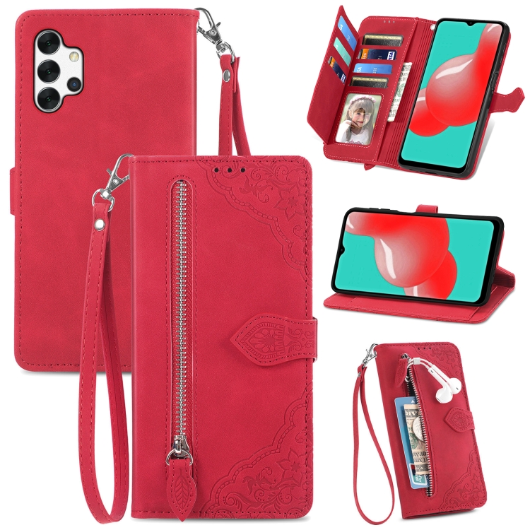 

For Samsung Galaxy A32 5G Embossed Flower Shockproof Leather Phone Case(Red)