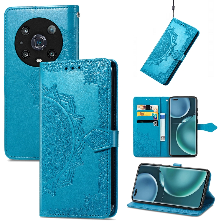 

For Honor Magic 4 Pro Mandala Flower Embossed Leather Phone Case(Blue)