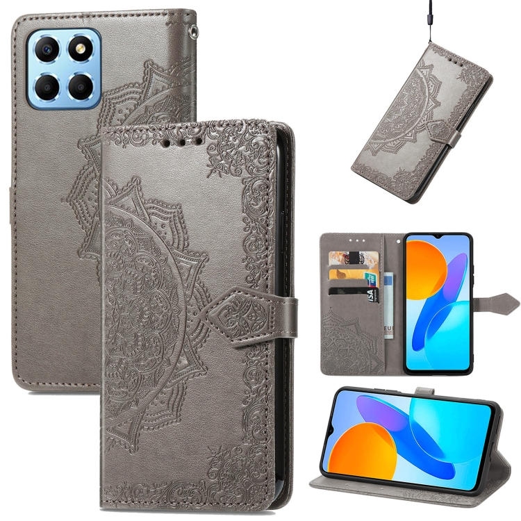 

For Honor X8 5G Mandala Flower Embossed Leather Phone Case(Gray)