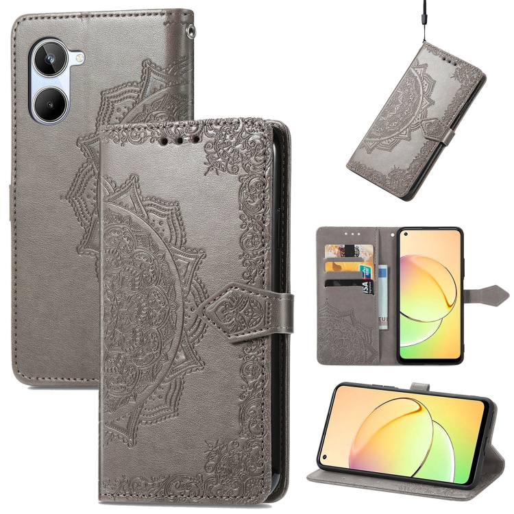 

For Realme 10 4G Mandala Flower Embossed Leather Phone Case(Gray)