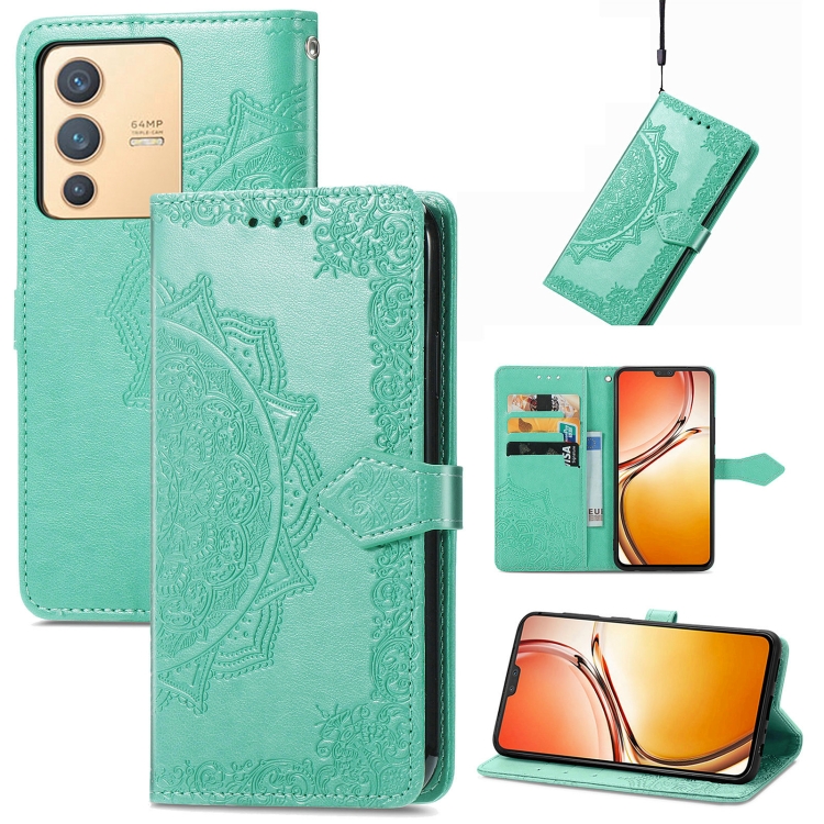 

For vivo V23 5G Mandala Flower Embossed Leather Phone Case(Green)