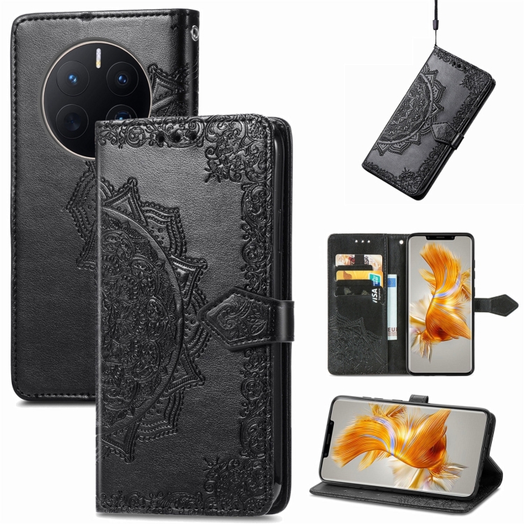 

For Huawei Mate 50 Pro Mandala Flower Embossed Leather Phone Case(Black)