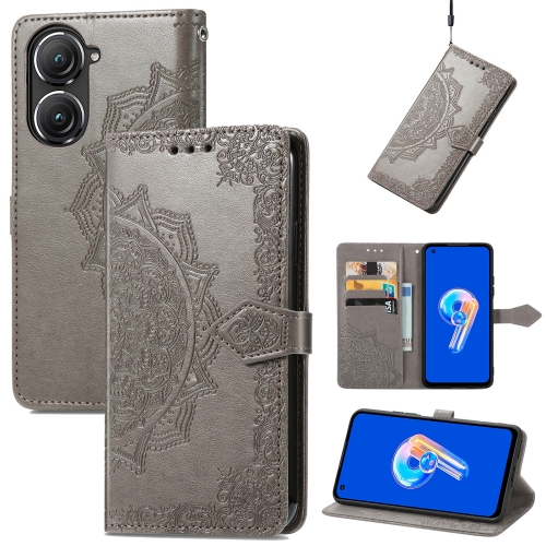 

For Asus Zenfone 9 Mandala Flower Embossed Leather Phone Case(Gray)