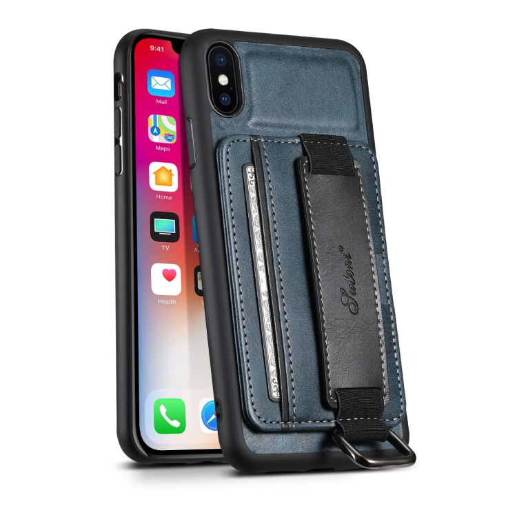 

Suteni H13 Card Wallet Wrist Strap Holder PU Phone Case For iPhone XS Max(Blue)