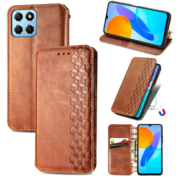 

For Honor X8 5G Cubic Grid Pressed Magnetic Leather Phone Case(Brown)