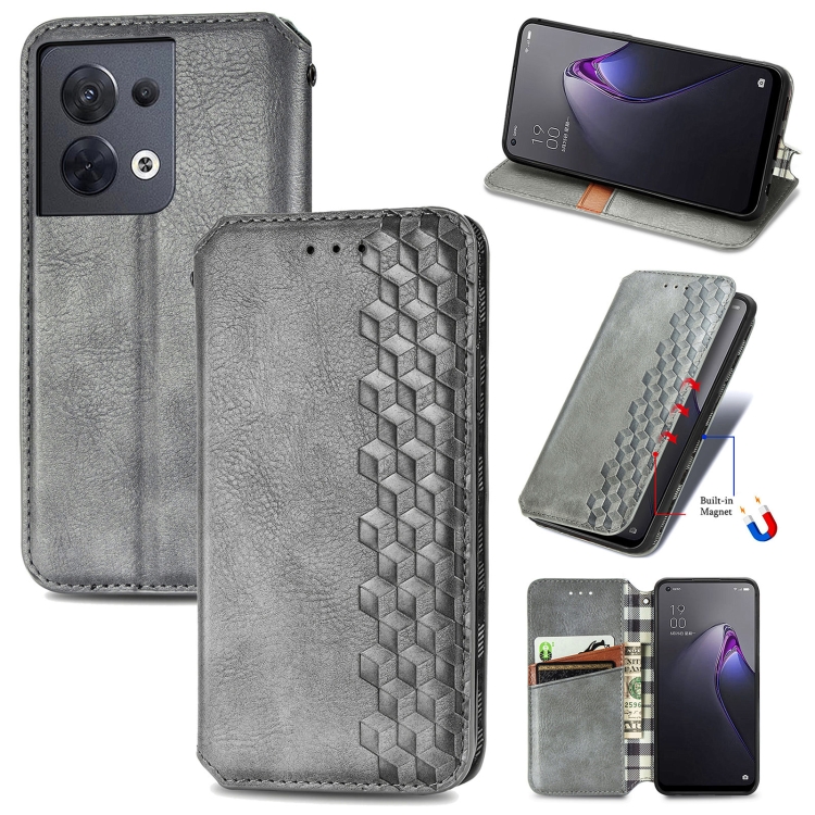 

For OPPO Reno8 Cubic Grid Pressed Magnetic Leather Phone Case(Gray)