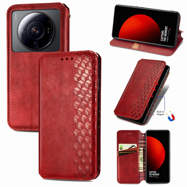 

For Xiaomi 12S Ultra Cubic Grid Pressed Magnetic Leather Phone Case(Red)