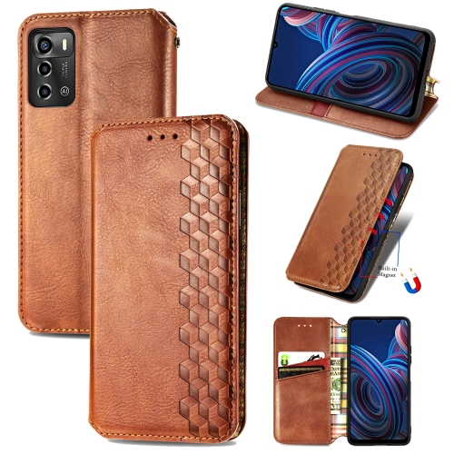 

For ZTE Blade A72 4G Cubic Grid Pressed Magnetic Leather Phone Case(Brown)