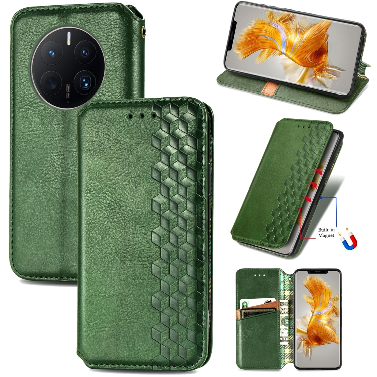 

For Huawei Mate 50 Pro Cubic Grid Pressed Magnetic Leather Phone Case(Green)