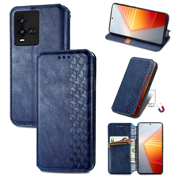

For vivo iQOO 10 Cubic Grid Pressed Magnetic Leather Phone Case(Blue)