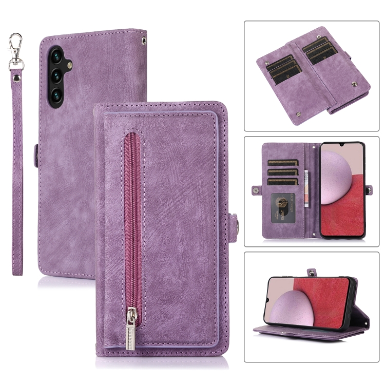 

For Samsung Galaxy A14 5G Zipper Card Slot Buckle Wallet Leather Phone Case(Purple)